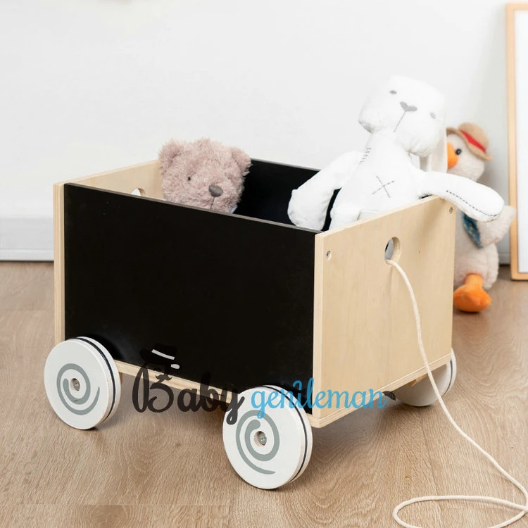 High Quality Kids Toys Organizer Wooden Cart Storage Box with Pull Rope Z08350c